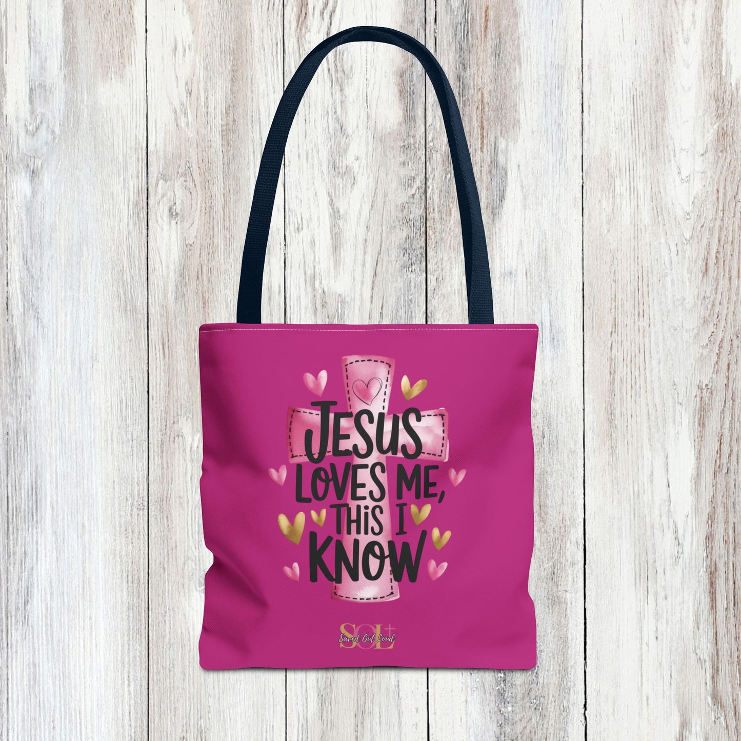 Saved Out Loud Christian Branded Inspirational Tote Bag- Jesus Loves Me, Pink Cross and Hearts