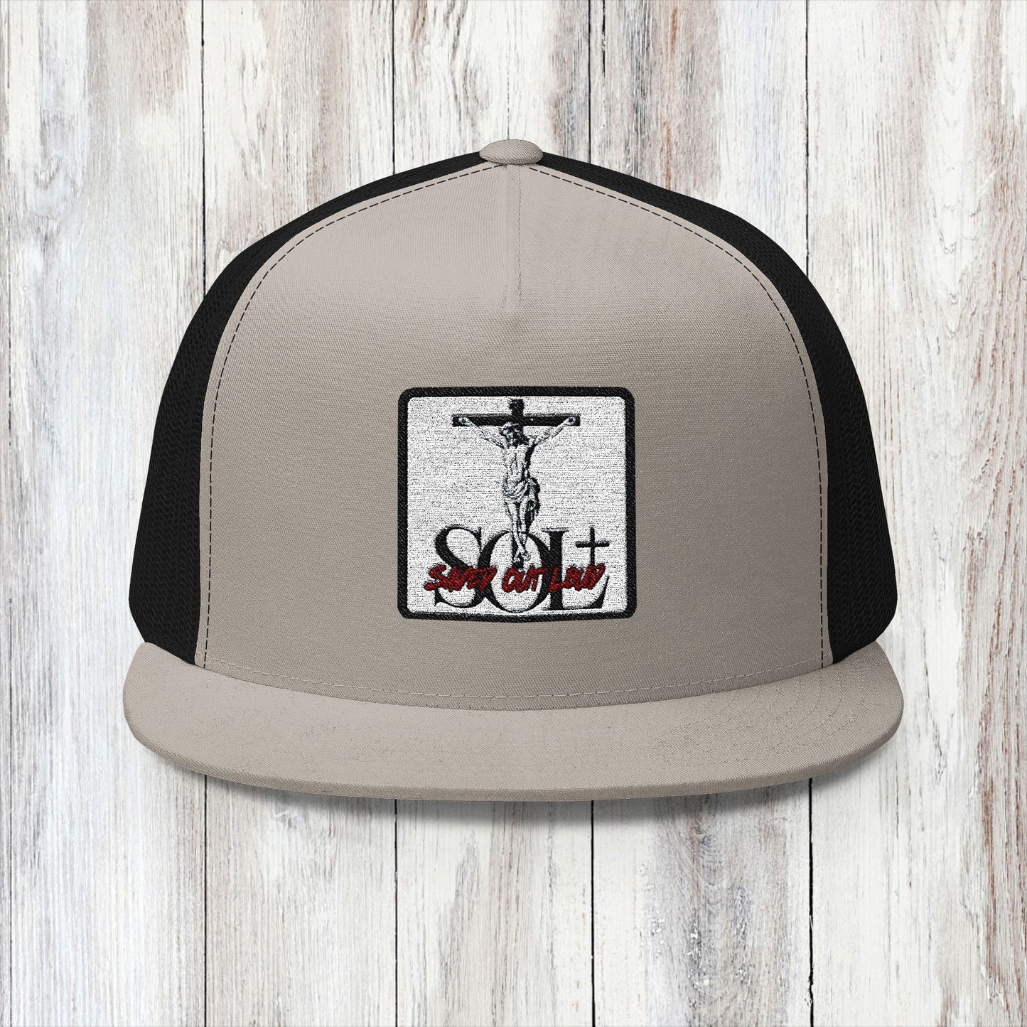Saved Out Loud Christian Branded 5 Panel Trucker Cap with Embroidery- Jesus on Cross, Red Logo