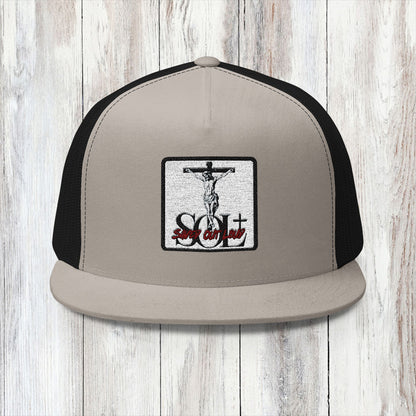 Saved Out Loud Christian Branded 5 Panel Trucker Cap with Embroidery- Jesus on Cross, Red Logo