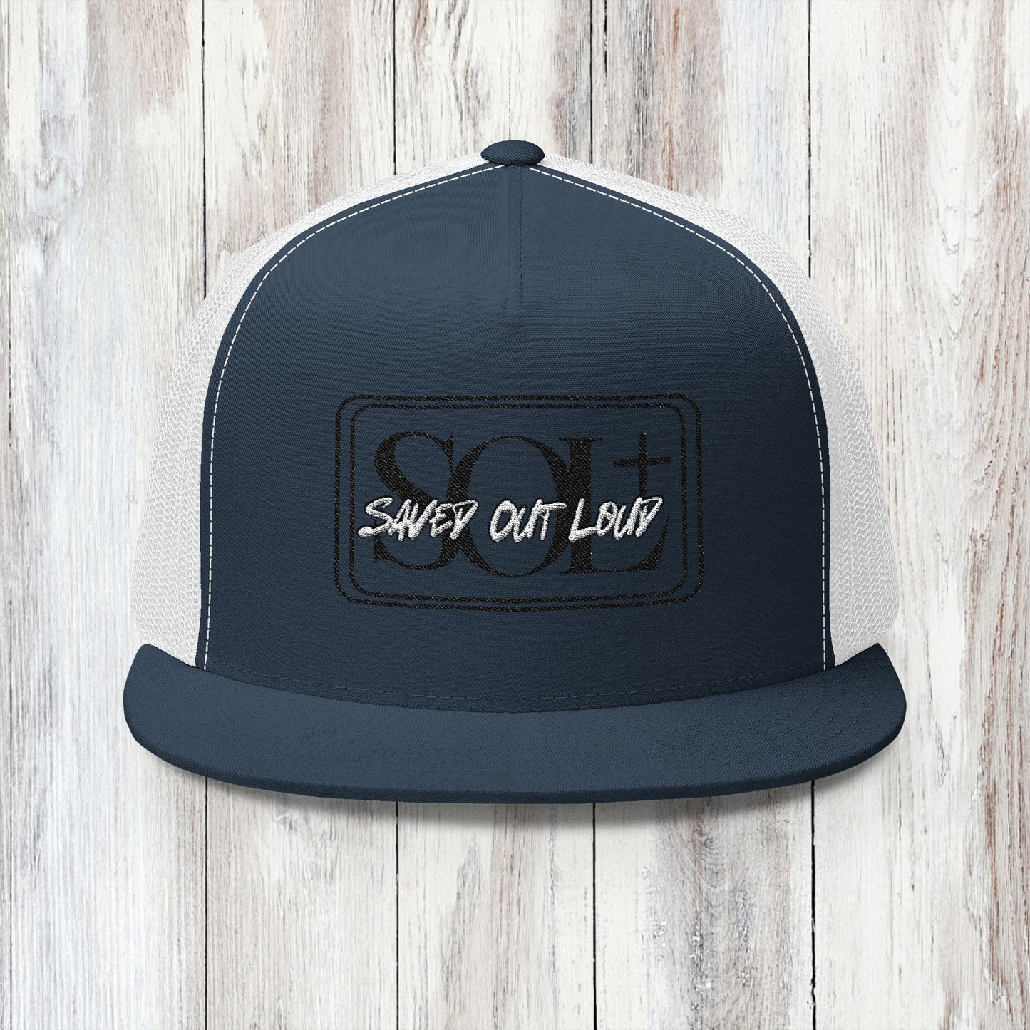 Saved Out Loud Christian Branded 5 Panel Trucker Cap with Embroidery- Black and White Logo