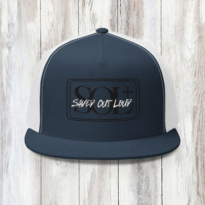 Saved Out Loud Christian Branded 5 Panel Trucker Cap with Embroidery- Black and White Logo