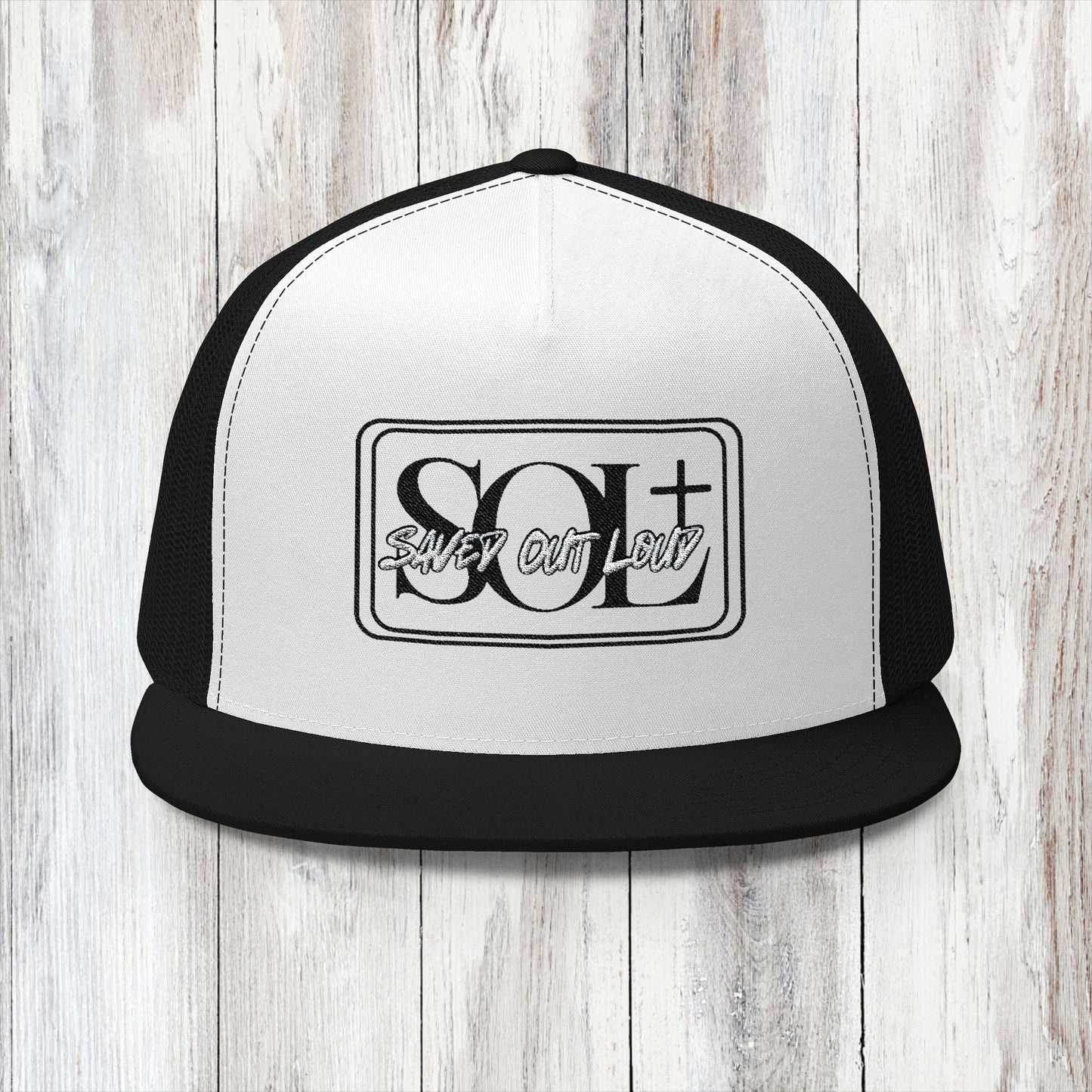 Saved Out Loud Christian Branded 5 Panel Trucker Cap with Embroidery- Black and White Logo