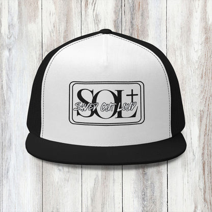 Saved Out Loud Christian Branded 5 Panel Trucker Cap with Embroidery- Black and White Logo