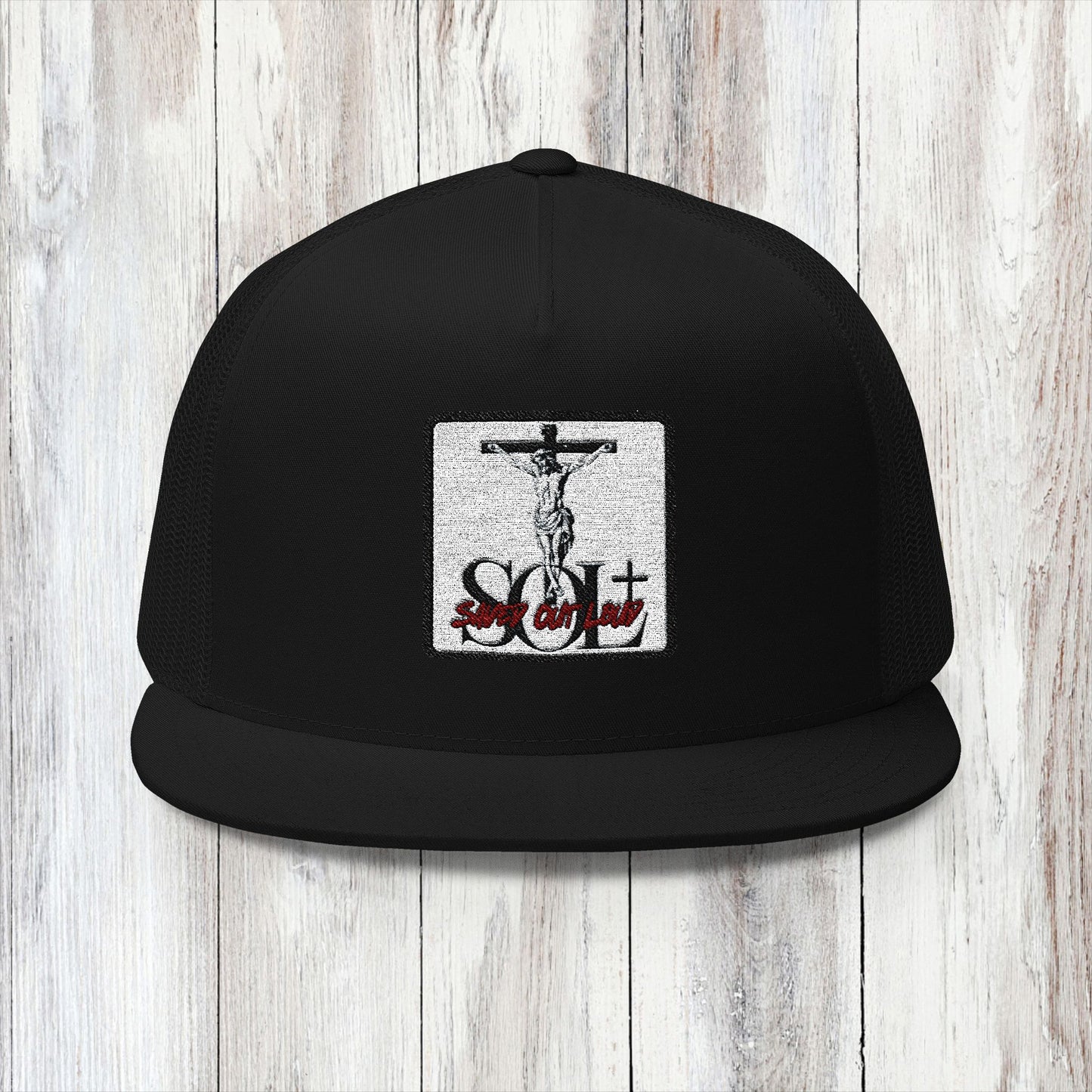 Saved Out Loud Christian Branded 5 Panel Trucker Cap with Embroidery- Jesus on Cross, Red Logo