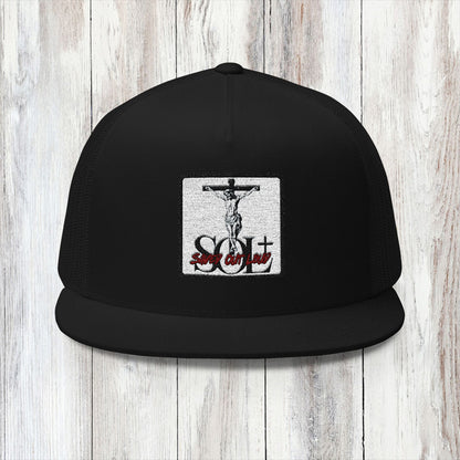 Saved Out Loud Christian Branded 5 Panel Trucker Cap with Embroidery- Jesus on Cross, Red Logo