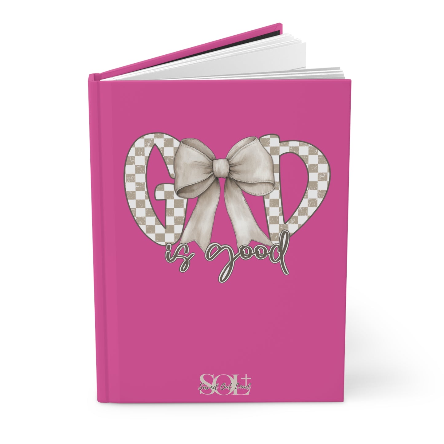Saved Out Loud Christian Branded Inspirational Hardcover Notebook- God is Good, Checkered Bow