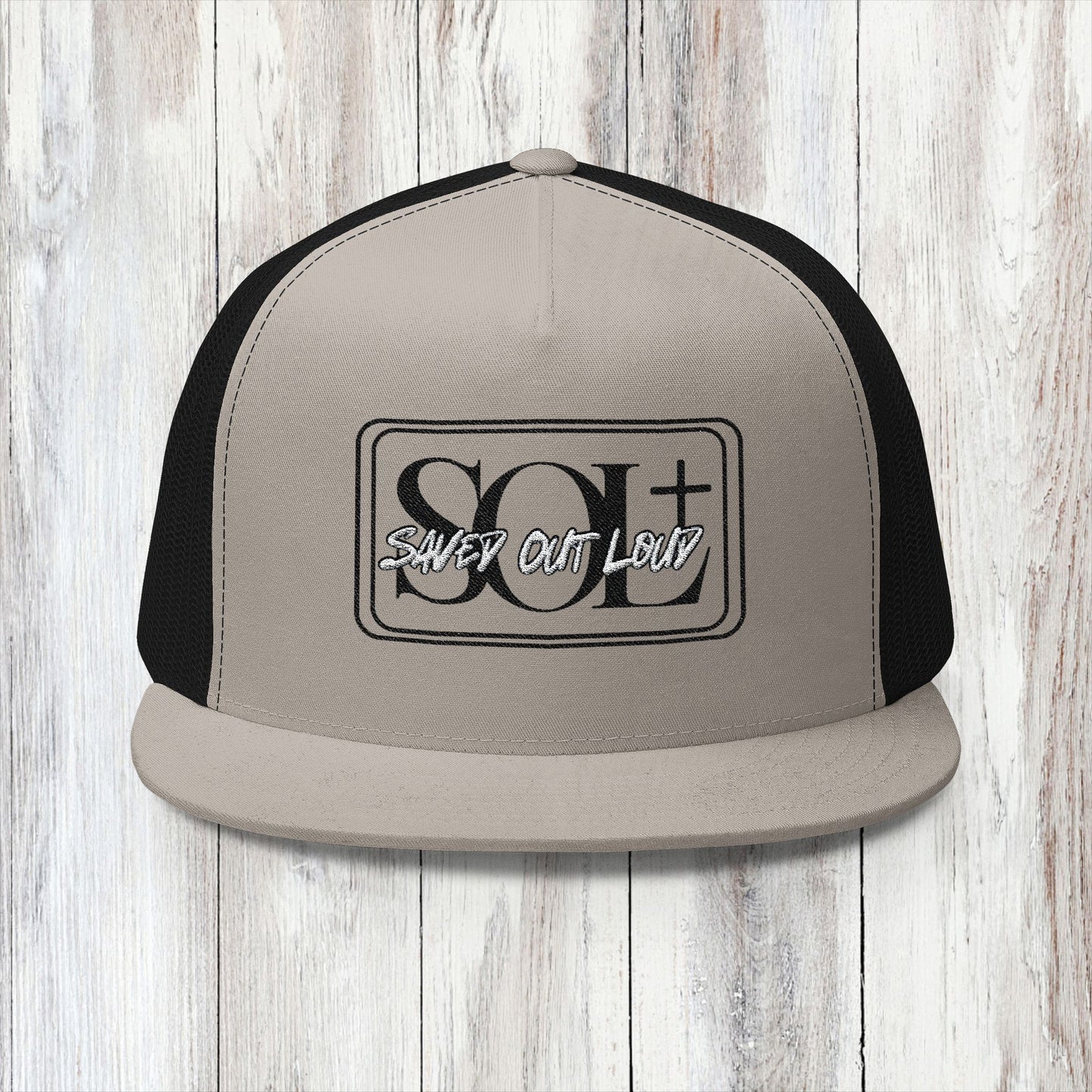 Saved Out Loud Christian Branded 5 Panel Trucker Cap with Embroidery- Black and White Logo