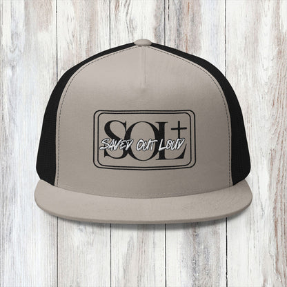 Saved Out Loud Christian Branded 5 Panel Trucker Cap with Embroidery- Black and White Logo