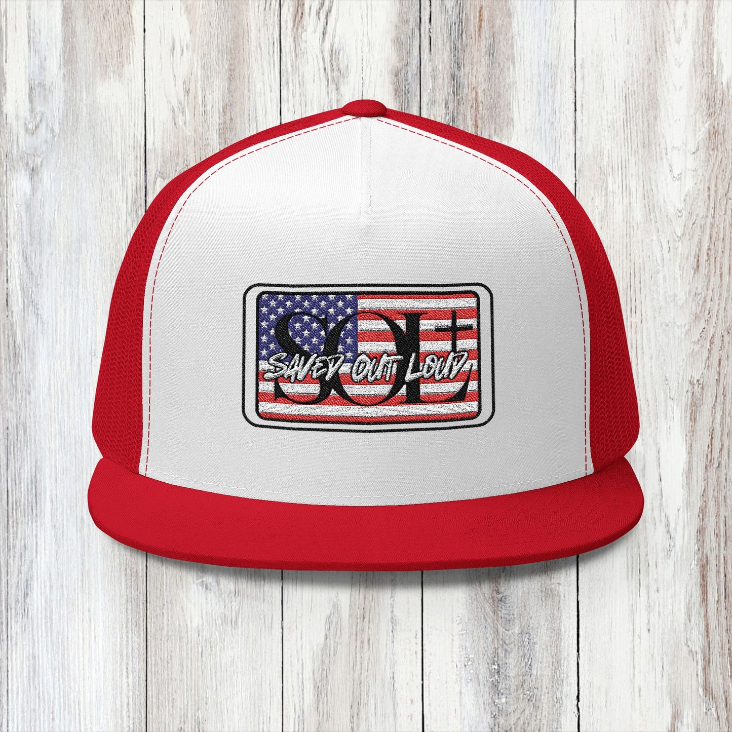 Saved Out Loud Christian Branded 5 Panel Trucker Cap with Embroidery- American Flag