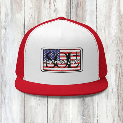 Saved Out Loud Christian Branded 5 Panel Trucker Cap with Embroidery- American Flag