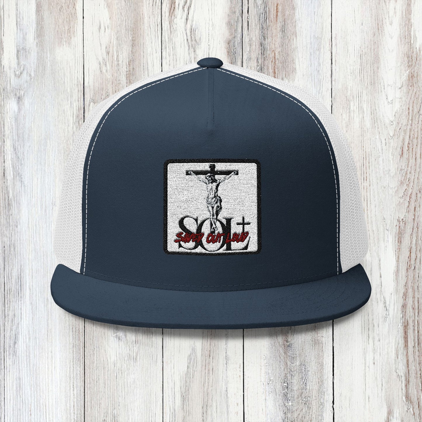 Saved Out Loud Christian Branded 5 Panel Trucker Cap with Embroidery- Jesus on Cross, Red Logo
