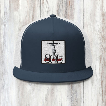 Saved Out Loud Christian Branded 5 Panel Trucker Cap with Embroidery- Jesus on Cross, Red Logo