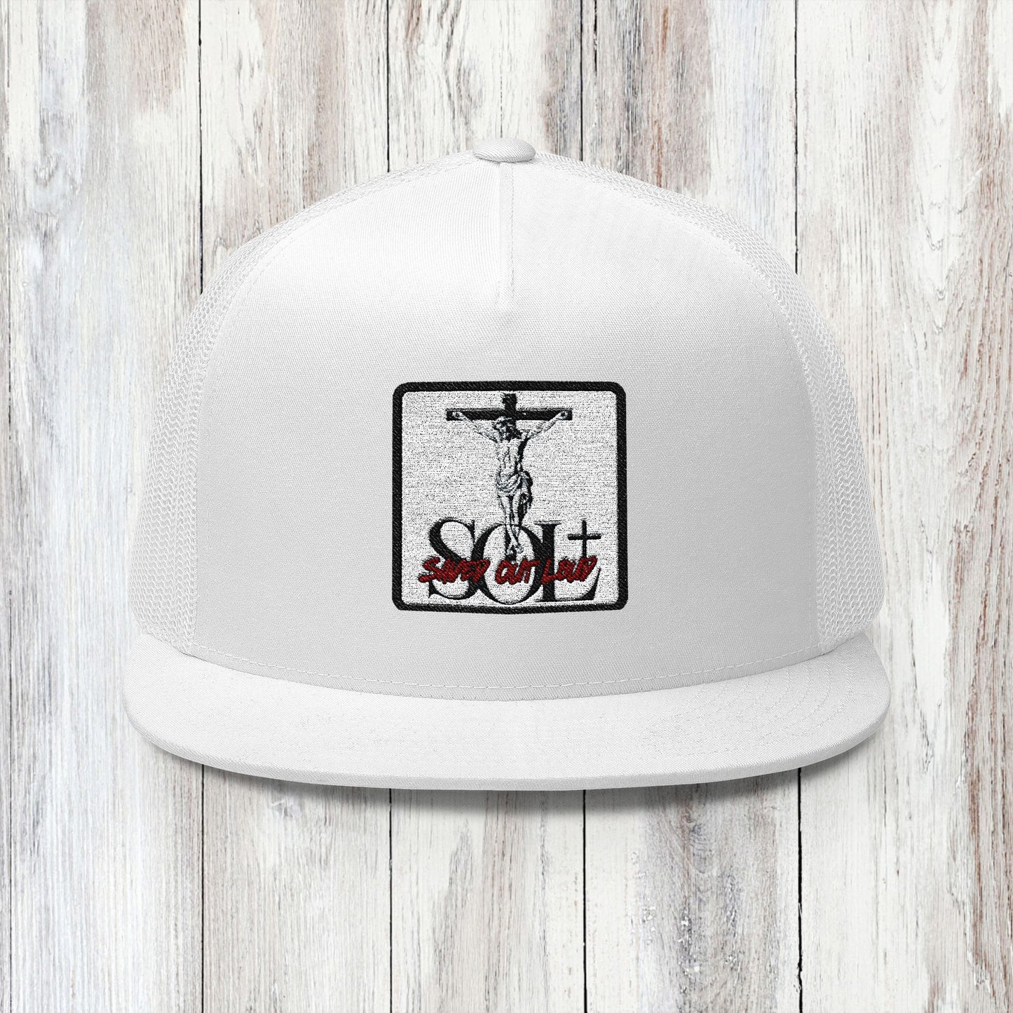 Saved Out Loud Christian Branded 5 Panel Trucker Cap with Embroidery- Jesus on Cross, Red Logo