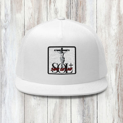 Saved Out Loud Christian Branded 5 Panel Trucker Cap with Embroidery- Jesus on Cross, Red Logo