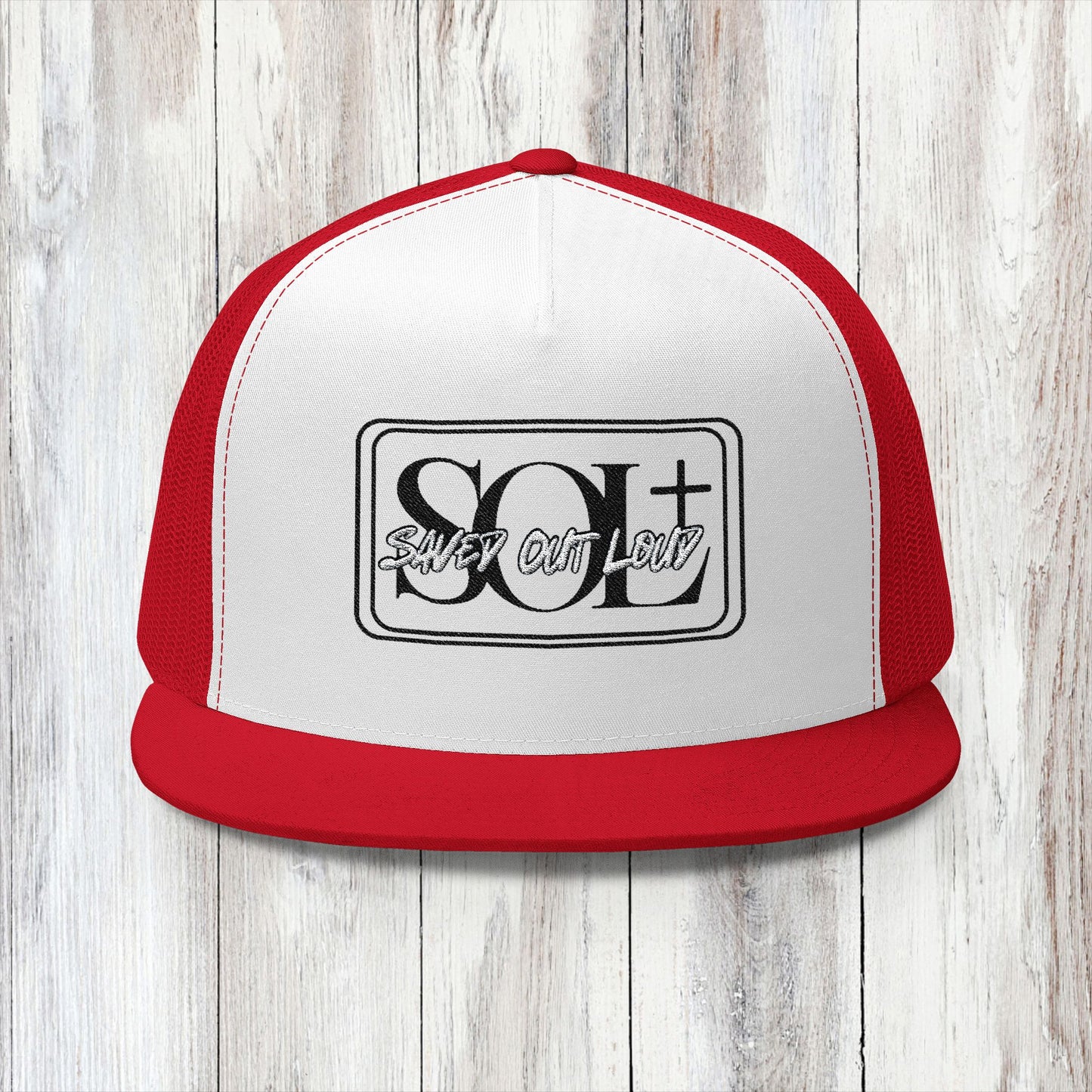 Saved Out Loud Christian Branded 5 Panel Trucker Cap with Embroidery- Black and White Logo